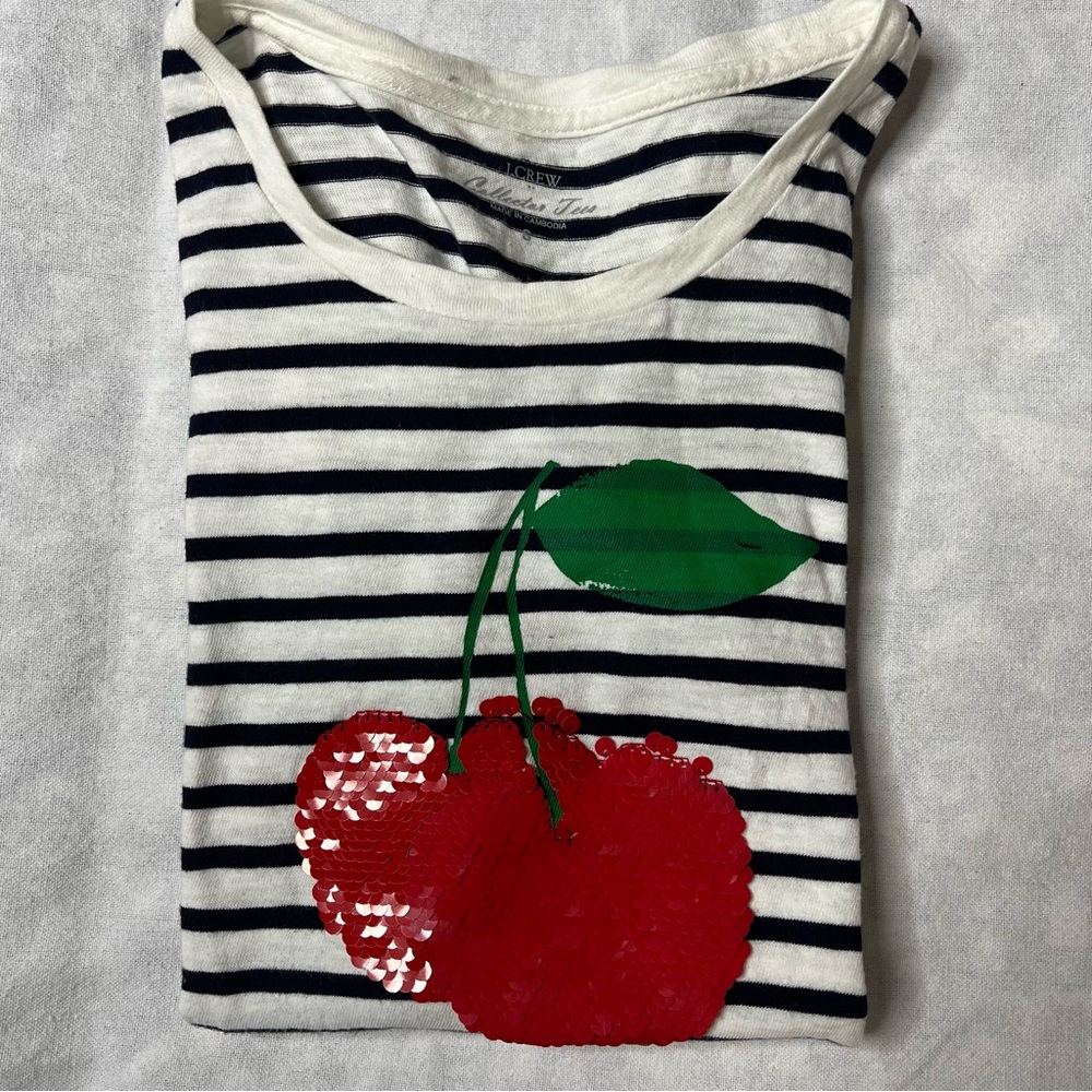 J. Crew Black & White Stripe Tee with Red Sequin Cherry
